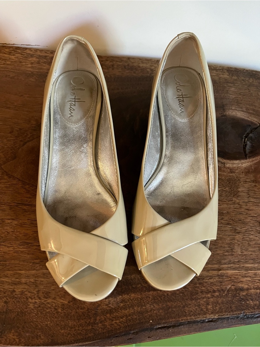 Cole Haan Patent Peep-Toe Wedge Pumps in Nude [7]